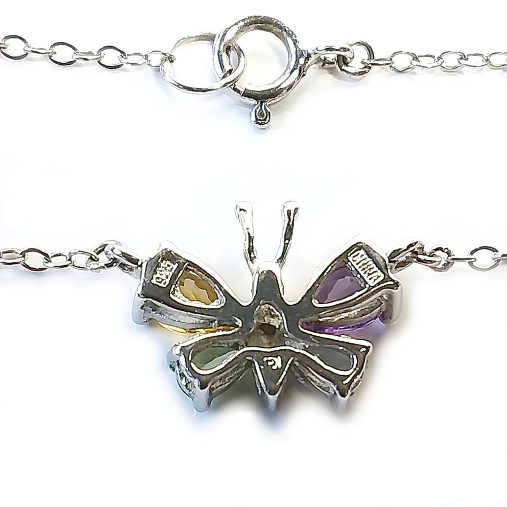 925 Sterling Silver Pendant Necklace Butterfly Multi Gemstone 16in 90s Vtg Y2K - Picture 2 of 8